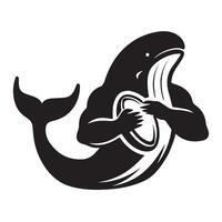 ilustração do uma rúgbi jogador baleia com uma bola dentro Preto e branco vetor