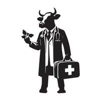 vaca logotipo - médico vaca com uma médico saco ilustração dentro Preto e branco vetor