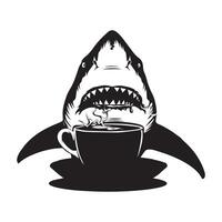 Tubarão com uma copo do café ilustração dentro Preto e branco vetor