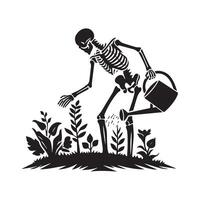 jardineiro esqueleto rega plantas ilustração dentro Preto e branco vetor