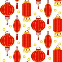 padronizar do vermelho chinês papel lanternas e ouro moedas, criando uma festivo e cultural atmosfera. decoração do festivo eventos, cultural decorações dentro a tradicional ásia estilo. desatado oriental vetor