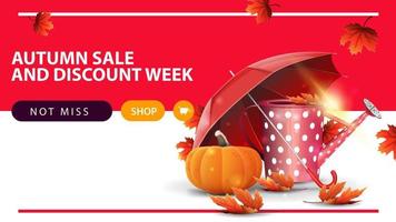 Semana de venda e desconto de outono, banner web de desconto horizontal com regador de jardim, guarda-chuva e abóbora madura vetor
