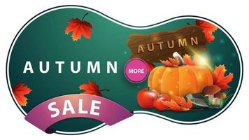 venda de outono, banner de desconto verde moderno com colheita de vegetais e uma placa de madeira vetor