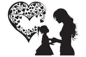 silhuetas do uma jovem mulher com uma bebê e corações em uma fundo vetor