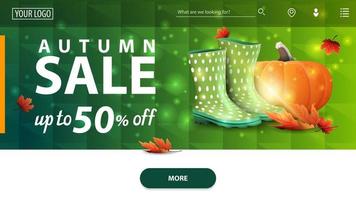 venda de outono, banner web horizontal verde moderno com botas de borracha e abóbora vetor