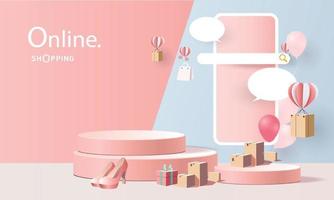compras on-line no telefone com vetor de ilustração de caixa de presentes de fundo rosa moderno papel arte pódio.