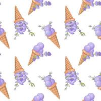 lavanda gelo creme. três colheres do cremoso doce sobremesa dentro uma waffle cone. roxa sorvete. desatado padronizar. ilustração. vetor