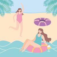 verão mulher praia em assento flutuante com coquetel e garota em turismo de férias na praia vetor