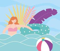 garota de verão com flutuação no mar com bola turismo de férias de praia vetor