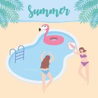 verão meninas com flutuador e bola no turismo de férias na piscina vetor