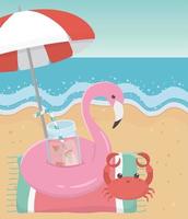 verão viagem e férias caranguejo toalha praia mar suco flutuante flamingo vetor