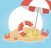 verão, viagens e férias, flutuação, guarda-chuva, balde, caranguejos, praia, areia, mar vetor