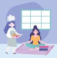 ficar em casa, chef feminino frutas na bandeja e ioga de meditação feminina no desenho do quarto, atividades de quarentena vetor