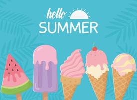 Olá, viagens de verão e férias, sorvete de casquinha colheres de frutas
