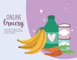 mercado online, produtos de bananas e cenouras, entrega de comida em mercearia vetor