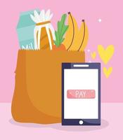 mercado online, sacola de papel para smartphone com produtos, entrega de comida no supermercado vetor