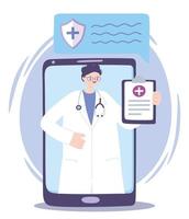 telemedicina, smartphone médico com tratamento de laudo médico e serviços de saúde online vetor