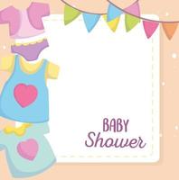 chá de bebê, desenho animado da moda com roupas pequenas, cartão de boas-vindas anunciado para recém-nascidos vetor