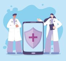 telemedicina, tratamento médico em smartphone de médico feminino e masculino e serviços de saúde online vetor