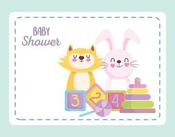 chá de bebê, gato coelhinho com cubos de pirâmide e desenho de doces, anúncio do cartão de boas-vindas ao recém-nascido vetor