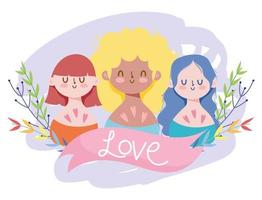 desenhos animados para meninas com folhas de lgtbi e desenho vetorial de fita de amor vetor