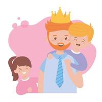 pai com filho de coroa e filha em desenho vetorial de dia dos pais vetor