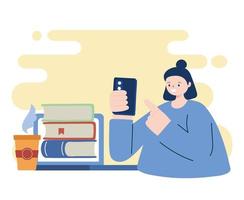 mulher com desenho vetorial de smartphone e livros vetor