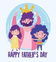 feliz dia dos pais, pai usando coroa com personagens de filha e filho vetor