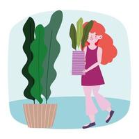 garota segurando um vaso de plantas, jardinagem em casa, desenho animado vetor