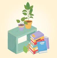 doce lar pilha de livros em vasos de plantas em móveis de madeira vetor