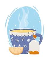 hora do chá, saquinho de chá azul e fatia de limão fresco design vetor
