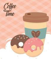 hora do café, take-away e donuts saborosos bebida com aroma fresco vetor