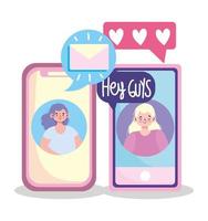 criatividade e tecnologia de pessoas, meninas de smartphone conversando mensagem sms e-mail amor vetor