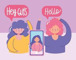 criatividade e tecnologia de pessoas, garotas conversando conexão de smartphone vetor