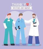 obrigado, médicos, enfermeiras, médico com equipe de enfermagem masculina e feminina apoio hospitalar vetor