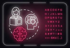 ícone do conceito de luz de néon de memória. receber e armazenar informações. ideia de processamento informativo do cérebro. sinal brilhante externo com alfabeto, números e símbolos. ilustração colorida rgb isolada do vetor