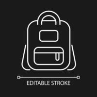 ícone linear branco de mochila escolar para o tema escuro. bolsa para transportar livros e artigos de papelaria. ilustração personalizável de linha fina. símbolo de contorno de vetor isolado para o modo noturno. curso editável