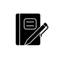 caderno de composição de gráfico com ícone de caneta glifo preto. livro de tarefas. uso diário para anotações escolares. diário de bolso. símbolo da silhueta no espaço em branco. ilustração isolada do vetor