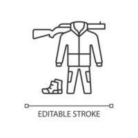 ícone linear de equipamento de caça. vestuário para caça. camuflar. ferramentas e armas. kit de caminhada e viagem. ilustração personalizável de linha fina. símbolo de contorno. desenho de contorno isolado do vetor. curso editável vetor