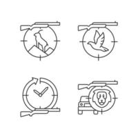 conjunto de ícones lineares de tipos de caça. caça na montanha. tiro ao pombo. caça dia e noite. perseguir a presa. símbolos personalizáveis de contorno de linha fina. ilustrações isoladas de contorno vetorial. curso editável vetor