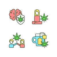 conjunto de ícones de cores rgb cannabis e saúde mental. proteção do cérebro de maconha. efeitos antidepressivos. chá de erva daninha. ilustrações vetoriais isoladas. coleção de desenhos de linha preenchidos simples. curso editável vetor