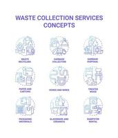 conjunto de ícones de conceito gradiente azul de serviços de coleta de resíduos. reciclagem e descarte idéia ilustrações coloridas de linha fina. coleta de lixo. tipos de lixo. desenhos de contorno de vetor isolado