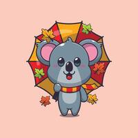 fofa coala com guarda-chuva às outono temporada. mascote desenho animado ilustração adequado para poster, folheto, rede, mascote, adesivo, logotipo e ícone. vetor