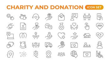 caridade e doação ícone definir. caridade e doação ícone definir, ajuda, voluntário, doou assistência, compartilhamento, e solidariedade símbolo. sólido ícones coleção. vetor
