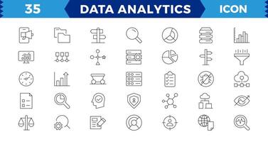 dados analytics rede ícones conjunto dentro fino linha Projeto. pacote do base de dados, grande dados processo, otimização, cópia de segurança, gráfico e de outros esboço acidente vascular encefálico ícone Projeto editável AVC. vetor