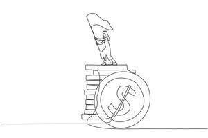 solteiro contínuo linha desenhando do árabe homem de negocios em pé em pilha do moedas levantando bandeira. bem sucedido controlo remoto freelance trabalhar. pegue uma muitos do dinheiro. conceito do inteligente negócios. 1 linha Projeto vetor
