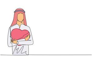 contínuo 1 linha desenhando do jovem feliz árabe homem com casual camisa abraçando uma vermelho coração logotipo dentro dele peito. ilustração do Paz do mente. auto amor conceito. solteiro linha desenhar ilustração vetor