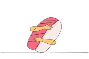 solteiro 1 linha desenhando do humano mãos abraçando Sushi. Está internacional Sushi dia. comemorado cada Junho 18 cada ano. mundo famoso japonês Comida. contínuo linha Projeto gráfico ilustração vetor