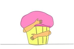 contínuo 1 linha desenhando humano mãos abraçando enorme muffin. pequeno circular pães com uma doce gosto. delicioso quando servido caloroso Como uma amigo para beber chá. solteiro linha desenhar Projeto ilustração vetor