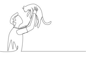 solteiro 1 linha desenhando do jovem bonito homem com casual camiseta segurando dele fofa gato. masculino animal proprietário tocam com pequeno gato. conceito do carinhoso animais. contínuo linha Projeto gráfico ilustração vetor